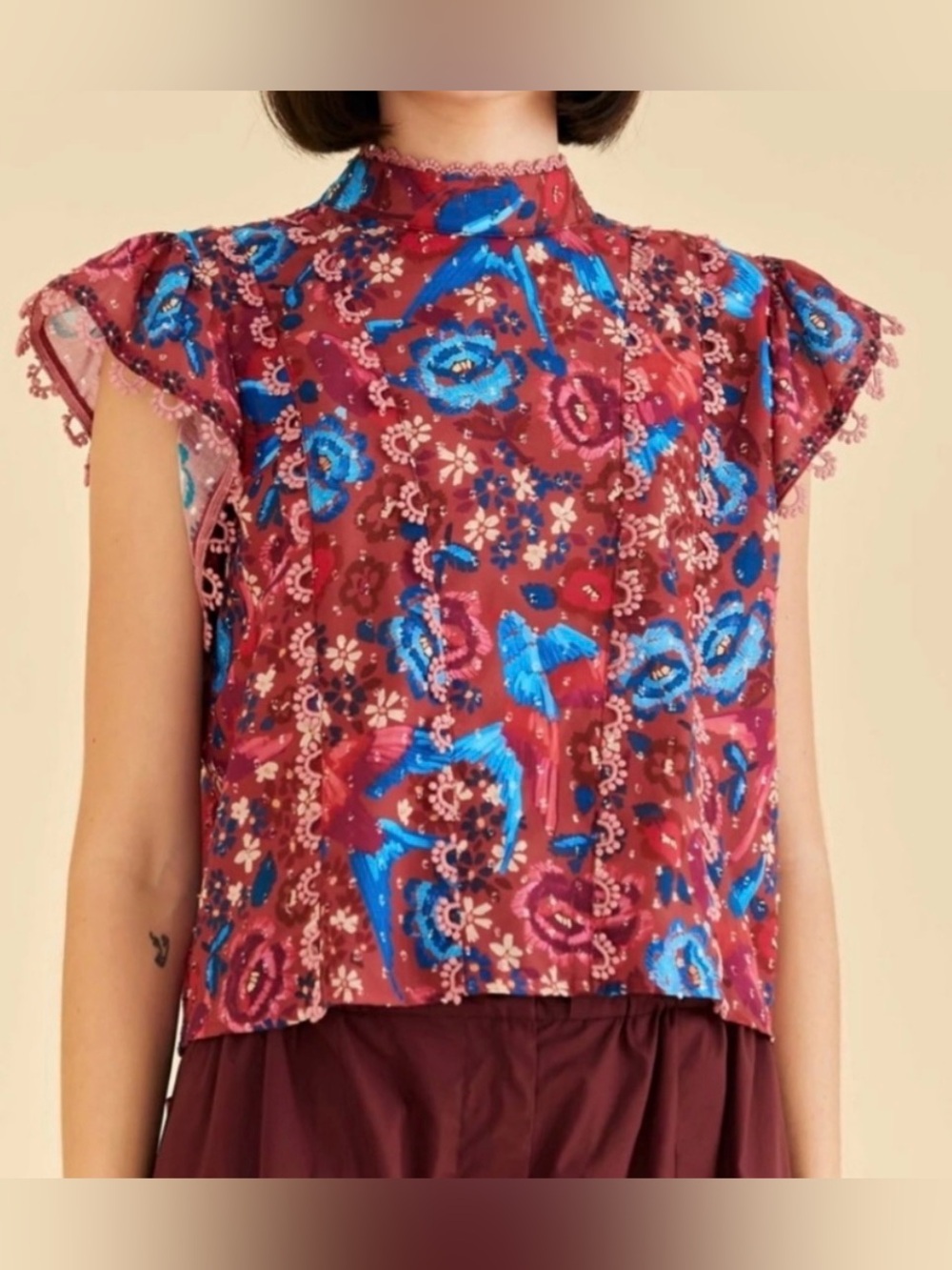 Farm Rio Floral Birds Blush Blouse Womens Medium